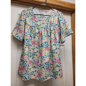 Women's Jodifl Floral Babydoll Tunic Top Blue Pink Cottagecore Boho Medium